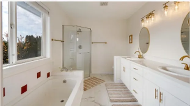 Bathroom with double vanity and soaking tub